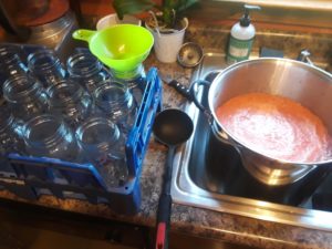 Canning tomato sauce. 