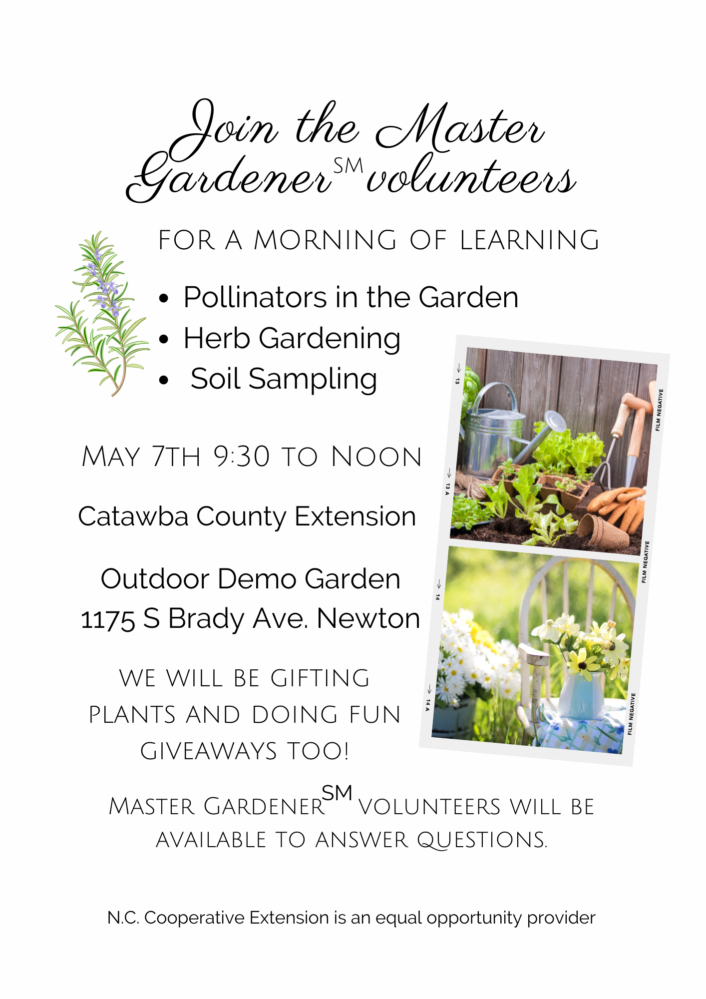 Join the Master Gardener℠ volunteers for a morning of learning. Topics will include pollinators in the garden, herb gardening, soil sampling. May 7th 9:30 a.m. till noon. 